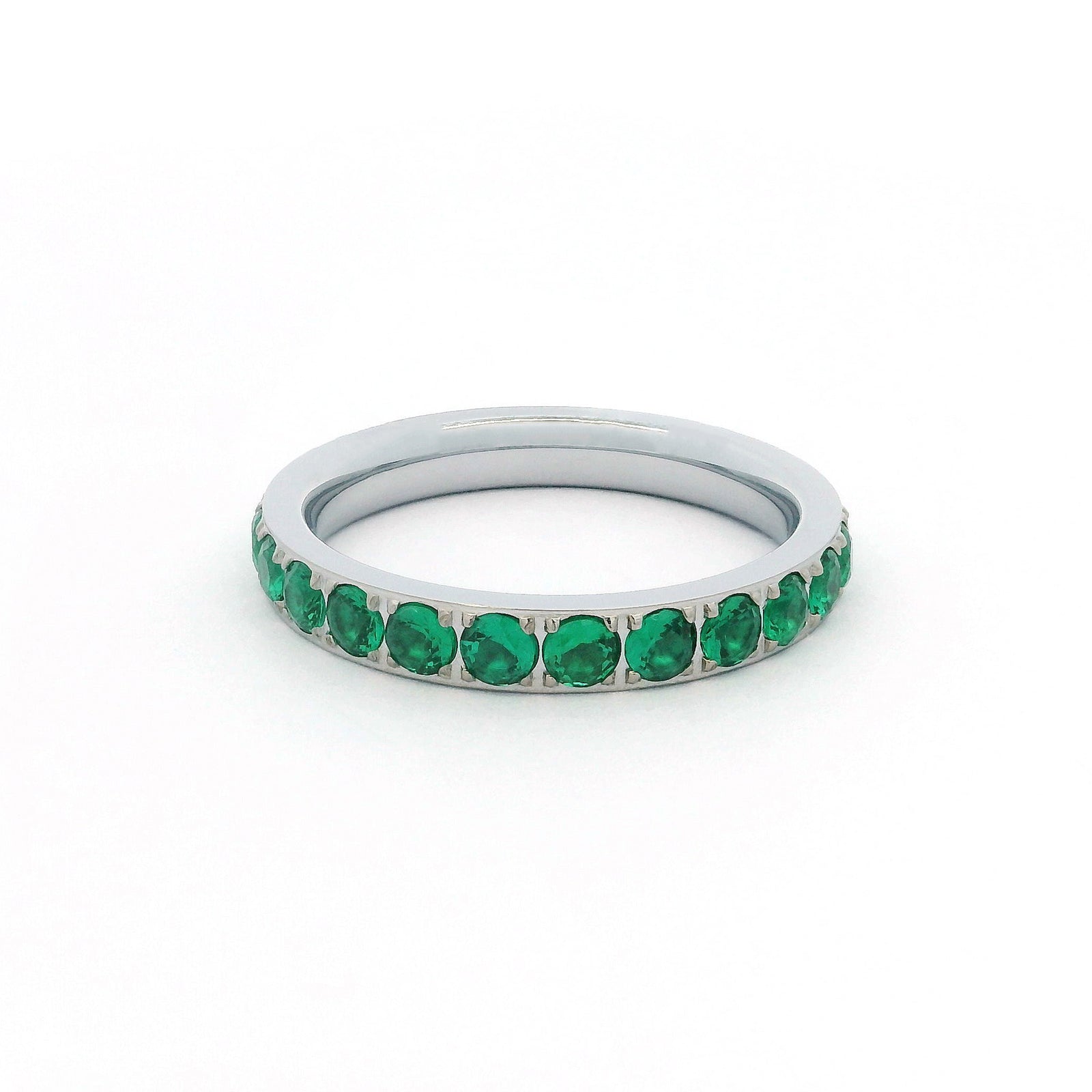 3mm White Gold Full Glitz Eternity Ring | Emerald Green Cubic Zirconia Stacking Ring