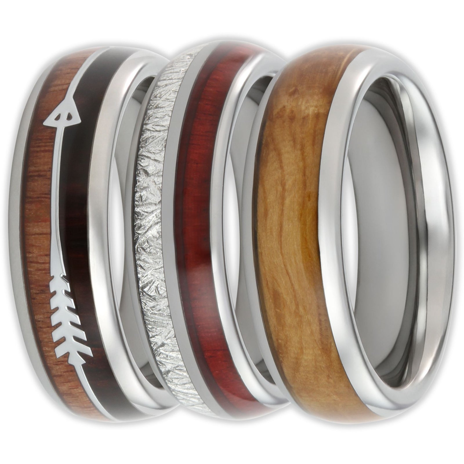 3 Tungsten scratch-resistant rings with wood and opal inlays  