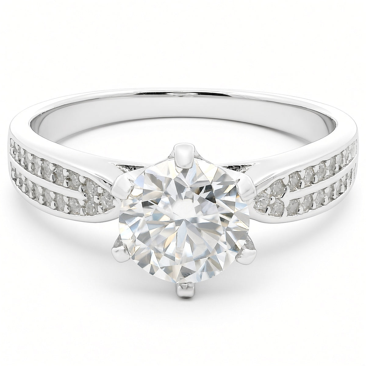 1ct Round Brilliant Moissanite Engagement Ring | White Gold Wide Dazzle Ring