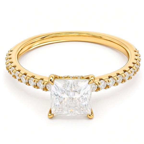 1ct Princess Cut Moissanite Engagement Ring | 18K Gold Side Stone Dazzle Ring