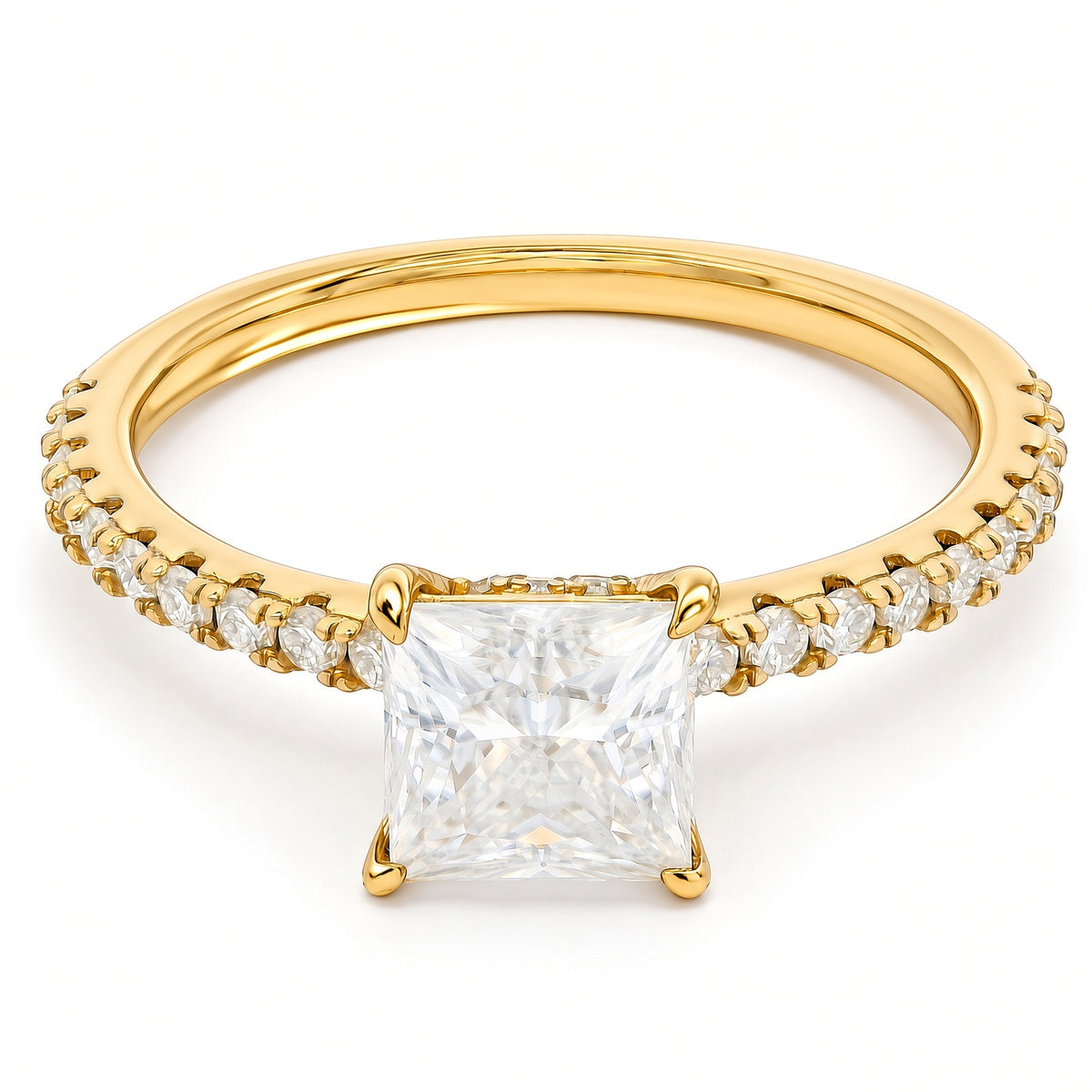 1ct Princess Cut Moissanite Engagement Ring | 18K Gold Side Stone Dazzle Ring
