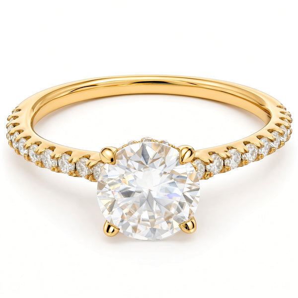 1ct Round Brilliant Moissanite Engagement Ring | 18K Gold Side Stone Dazzle Ring
