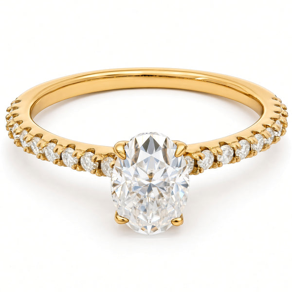 1ct Oval Moissanite Engagement Ring | 18K Gold Side Stone Dazzle Ring