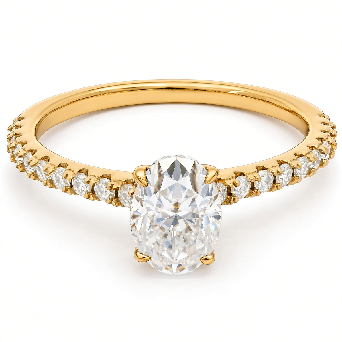 1ct Oval Moissanite Engagement Ring | 18K Gold Side Stone Dazzle Ring