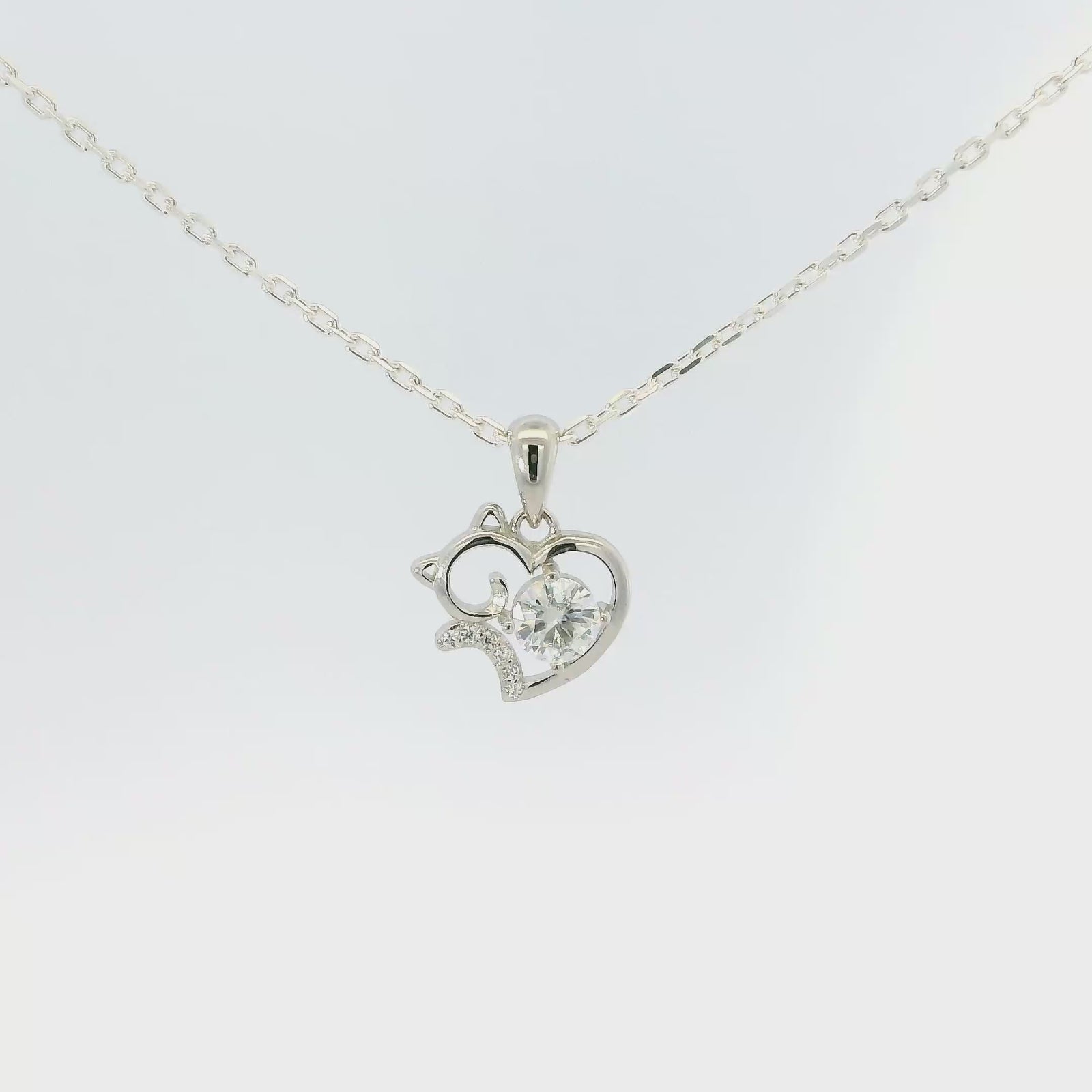 White Gold Moissanite Cat Silver Dazzle Pendant Necklace
