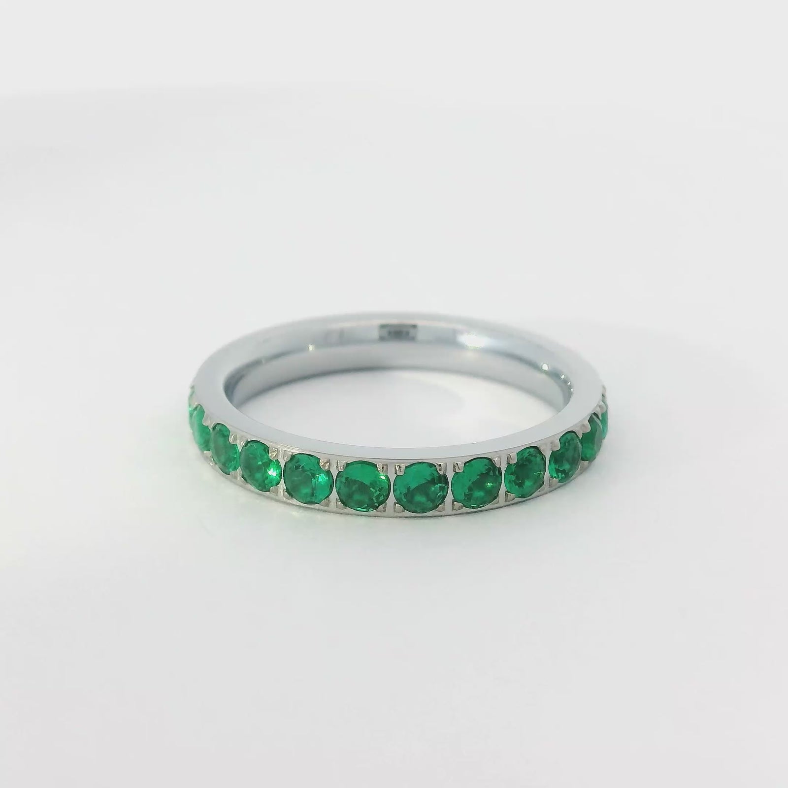 3mm White Gold Full Glitz Eternity Ring | Emerald Green Cubic Zirconia Stacking Ring