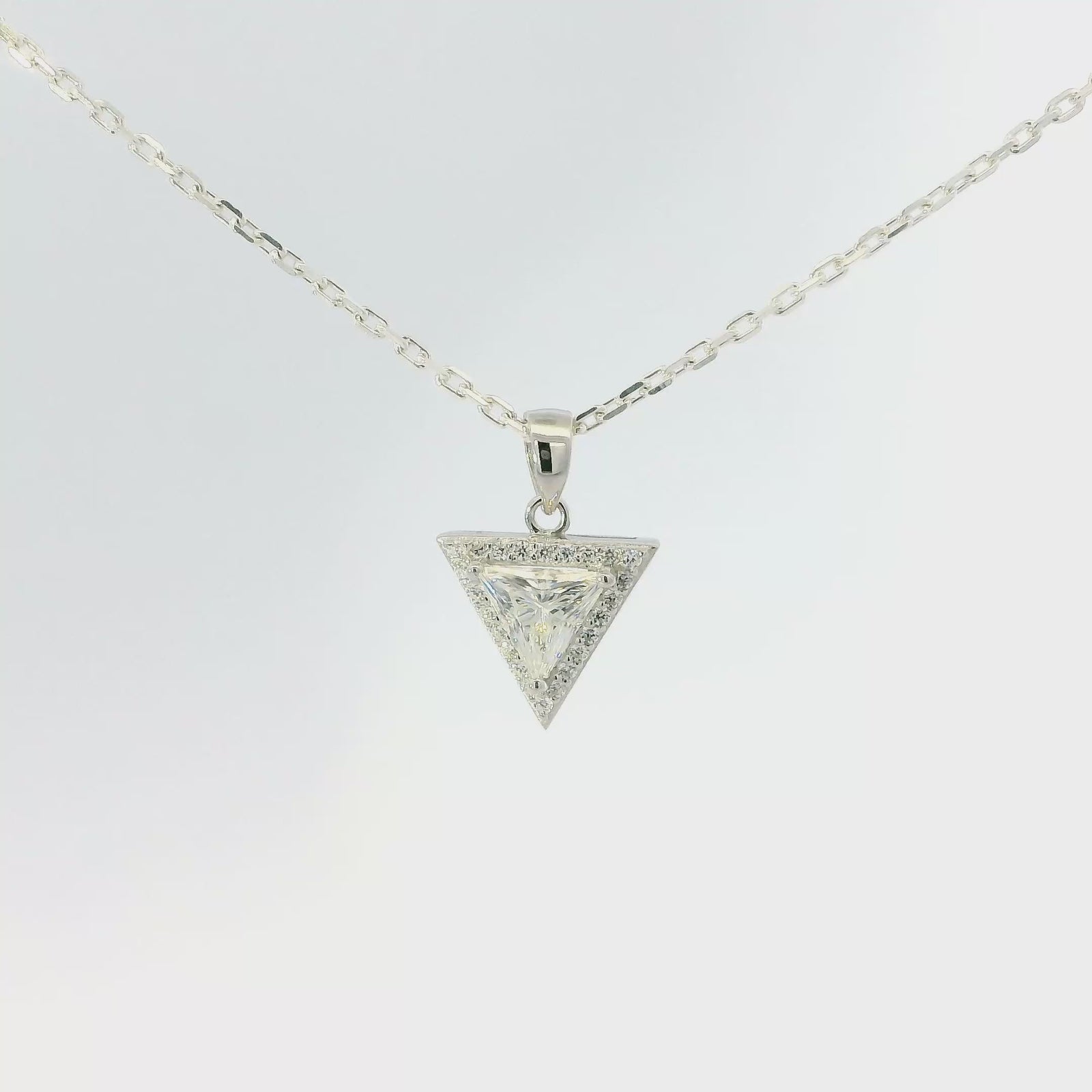 White Gold 1ct Triangle Moissanite Halo Silver Dazzle Pendant Necklace