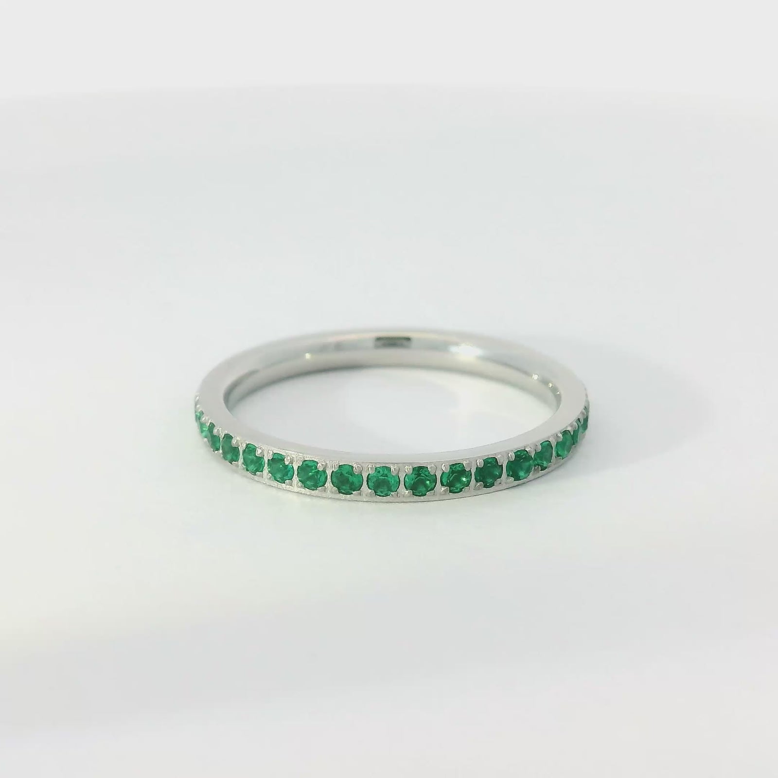 2mm White Gold Full Glitz Eternity Ring | Emerald Green Cubic Zirconia Stacking Ring