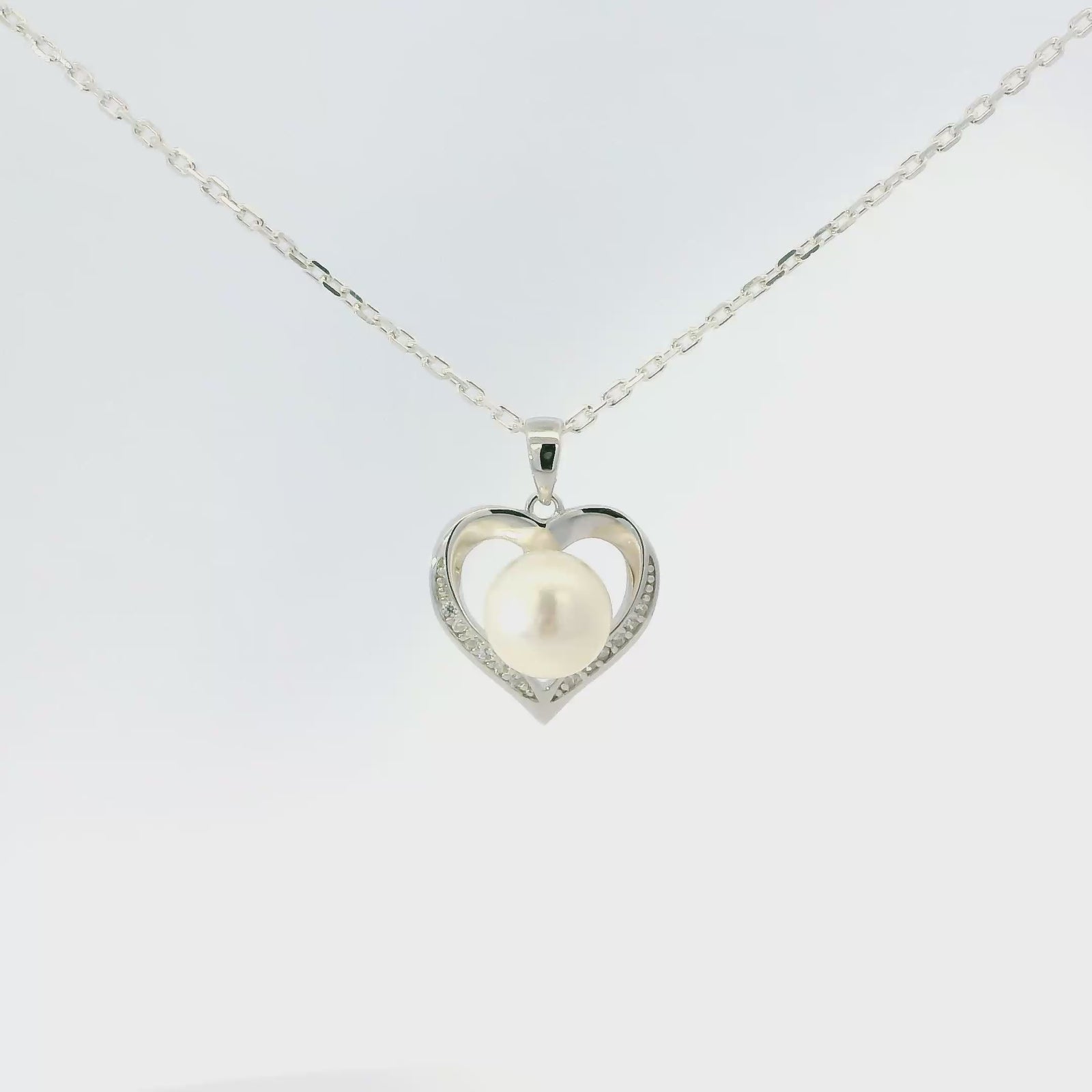 White Gold Moissanite Pearl Heart Silver Dazzle Pendant Necklace
