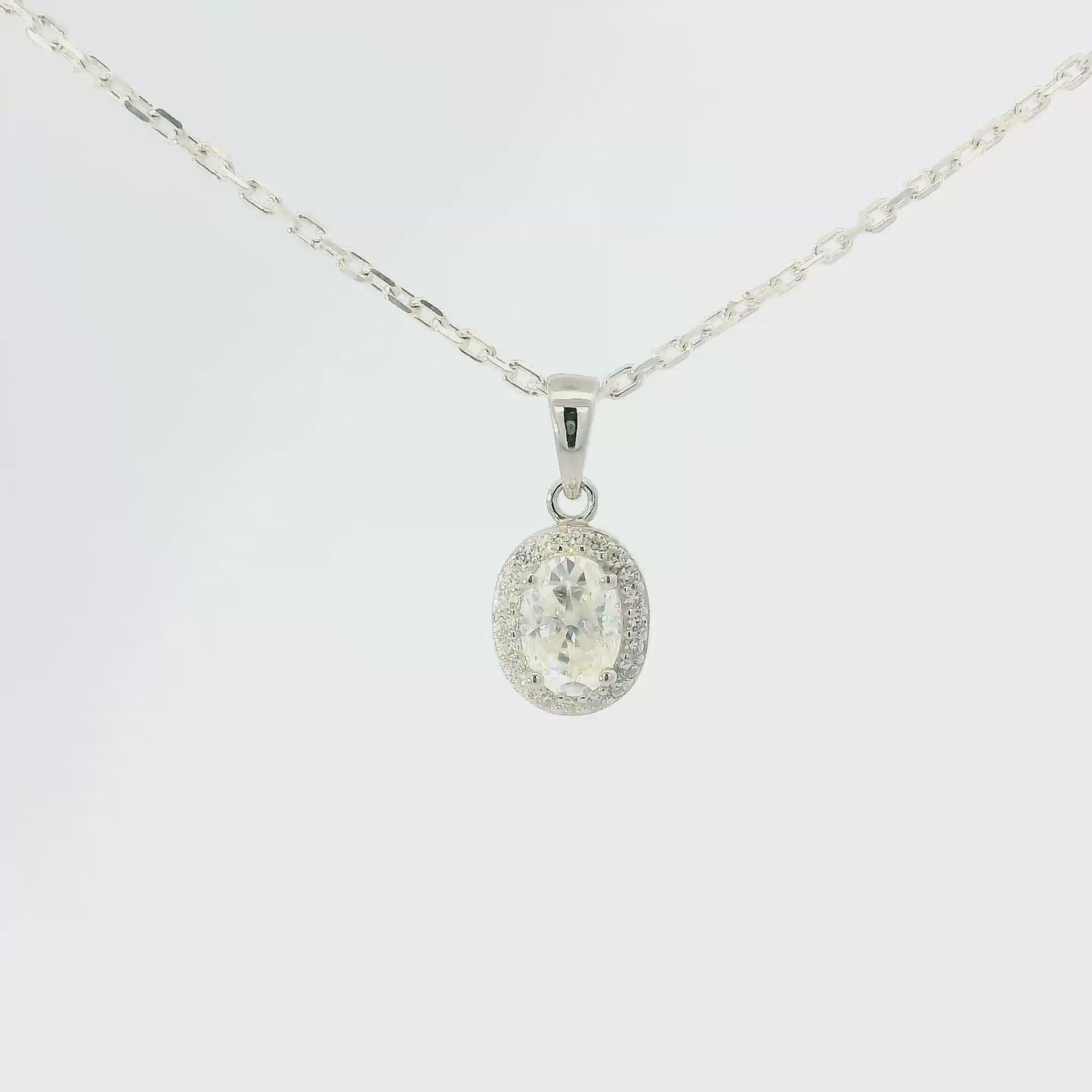 White Gold 1ct Oval Moissanite Halo Silver Dazzle Pendant Necklace