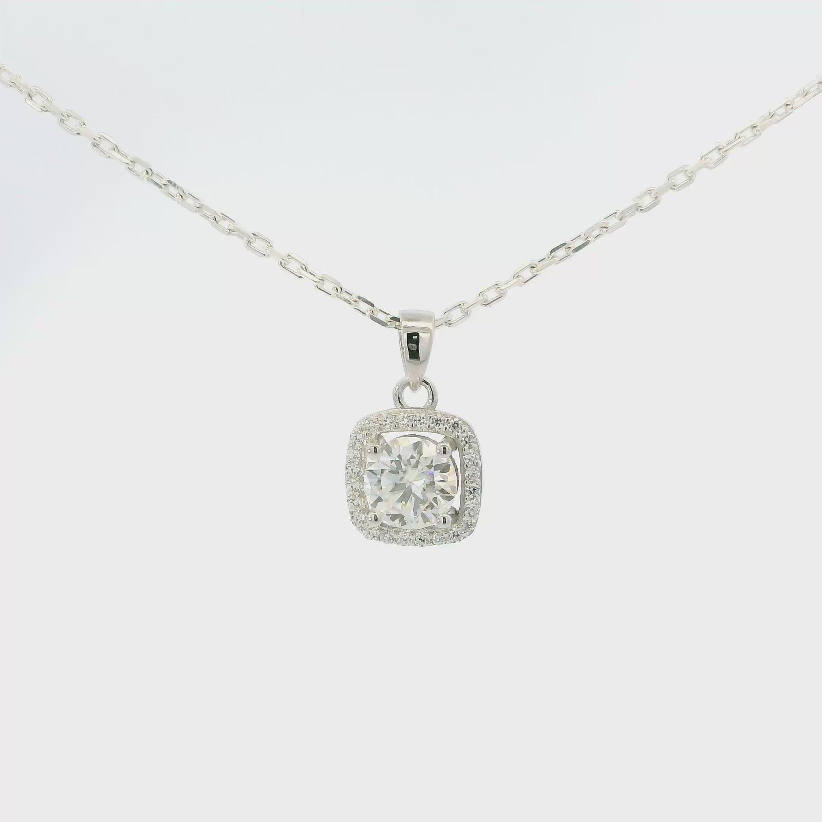 White Gold 1ct Square Moissanite Halo Silver Dazzle Pendant Necklace