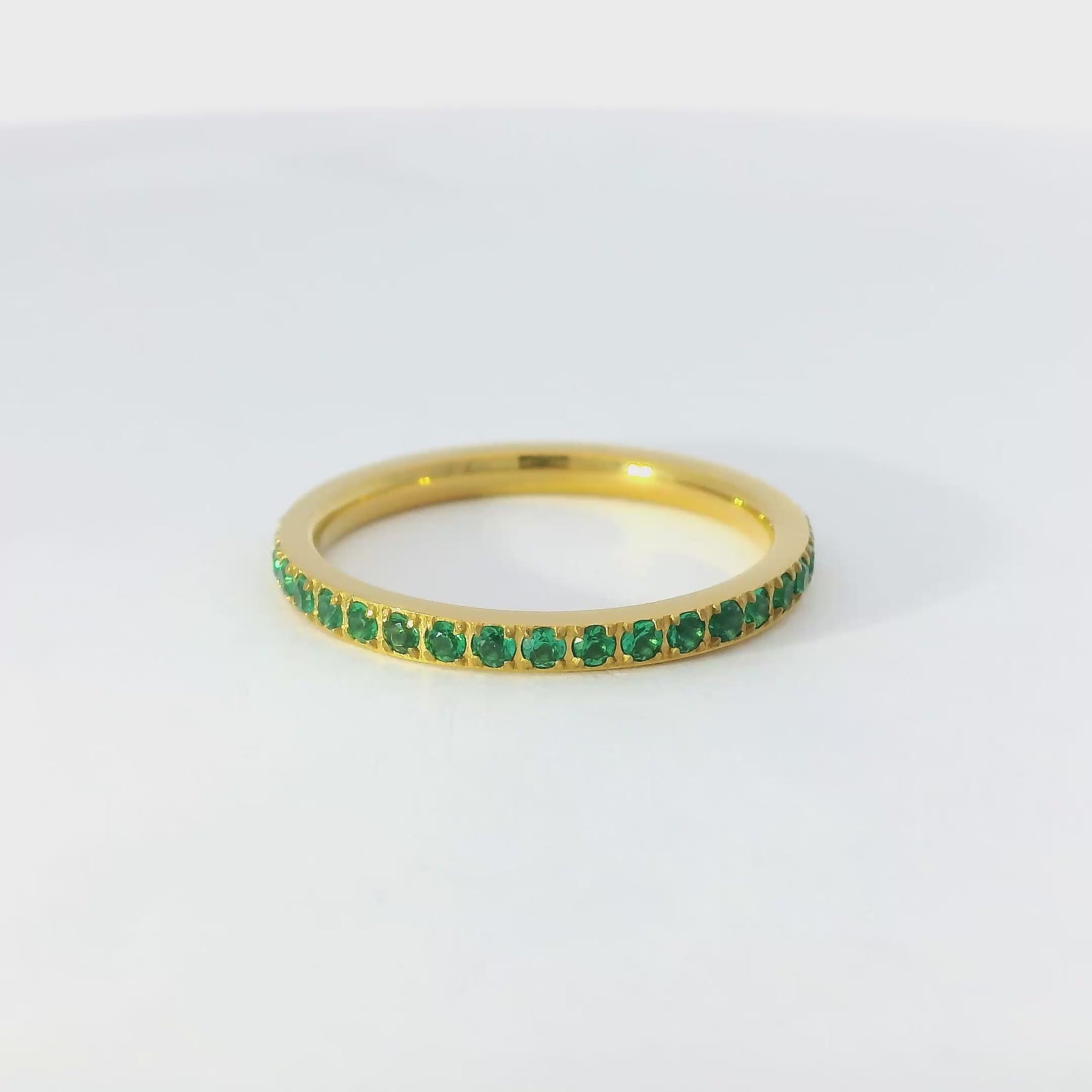2mm Gold Full Glitz Eternity Ring | Emerald Green Cubic Zirconia Stacking Ring