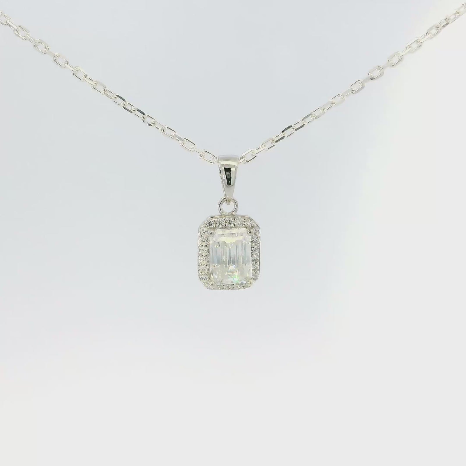 White Gold 1ct Emerald Cut Moissanite Silver Dazzle Pendant Necklace