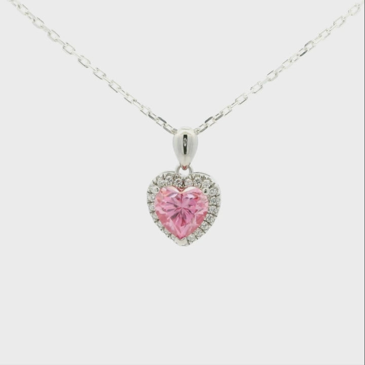 White Gold 1ct Pink Heart Moissanite Halo Silver Dazzle Pendant Necklace