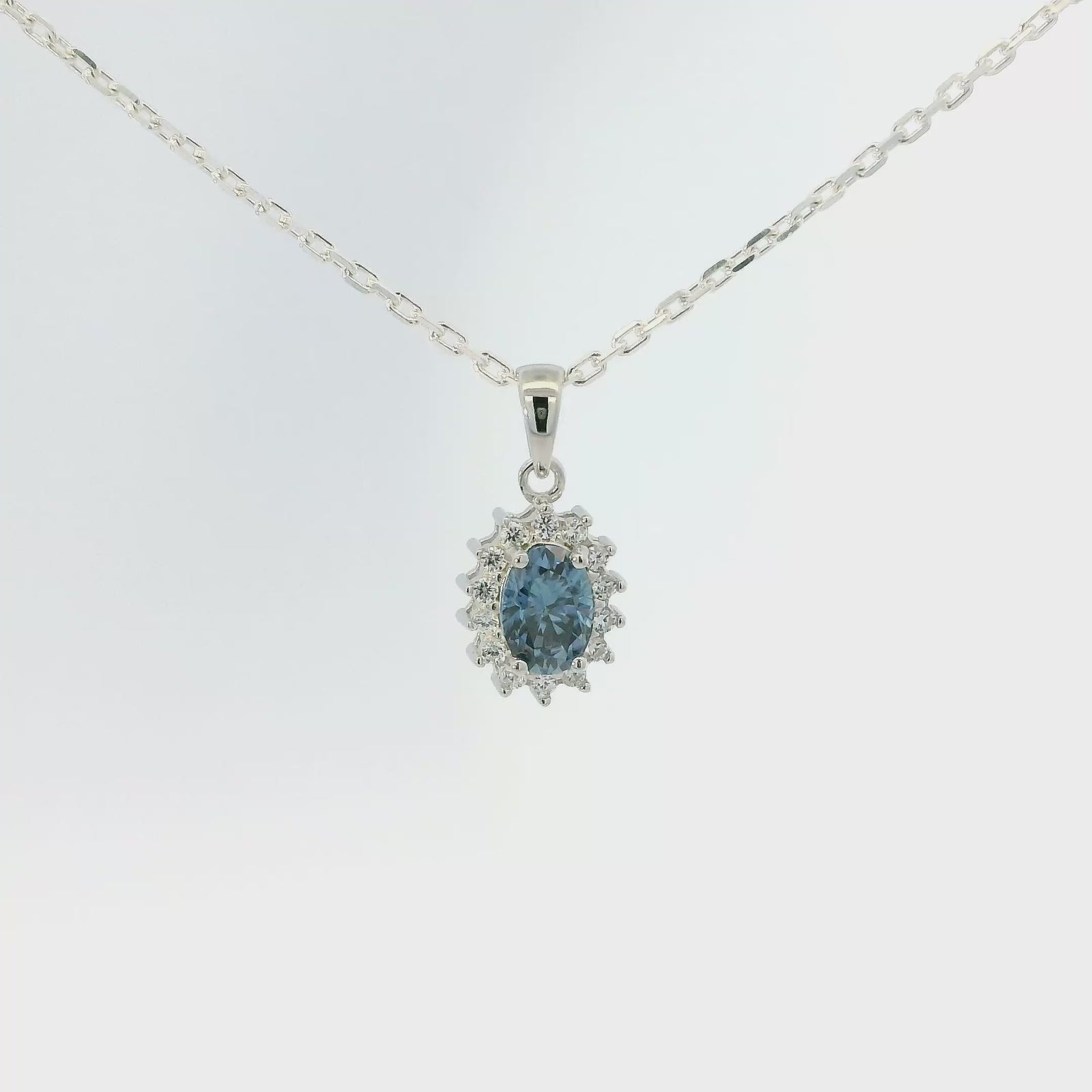 White Gold 1ct Oval Blue Moissanite Halo Silver Dazzle Pendant Necklace