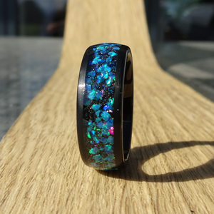 Multi Coloured Opal Polished Black Tungsten Mens 8mm Wonder Ring