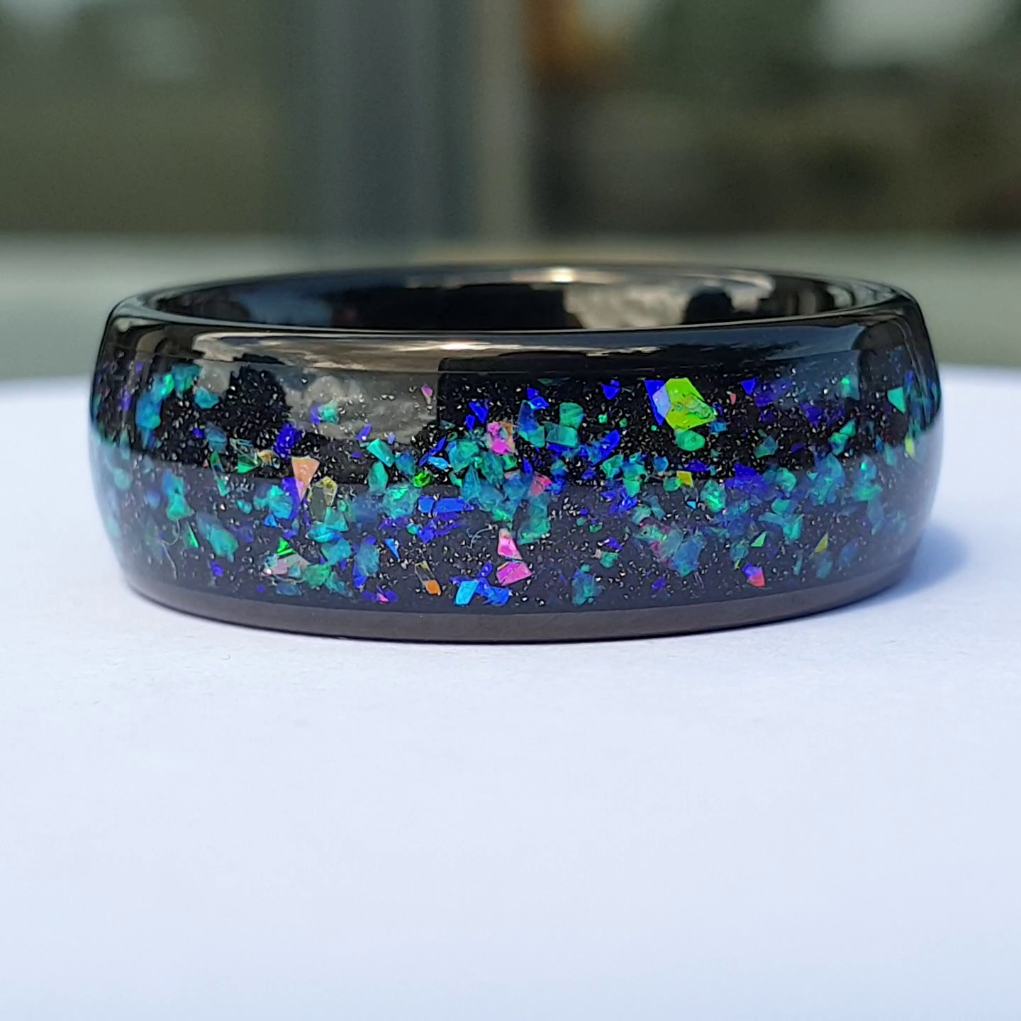 Multi Coloured Opal Polished Black Tungsten Mens 8mm Wonder Ring