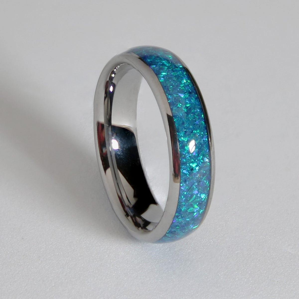 Solid Rings Blue Blue Opal Ring Polished Tungsten 6mm Natural Wonder Ring - Rock Solid Rings